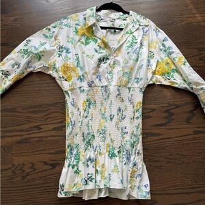 Zara Yellow and Green Pleated Blouse with Notched Collar